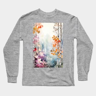 Boreal watercolor colorful birch forest Long Sleeve T-Shirt